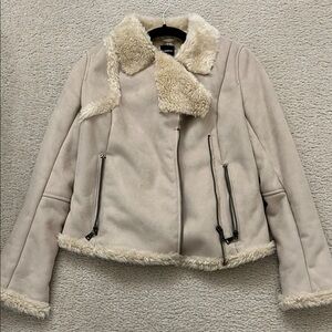 Cream Teddy Jacket with Plush Lining and Moto Style